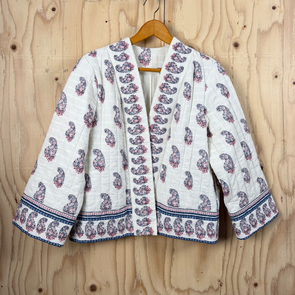 Talbots Quilted Jacket Womens L White  Paisley Open Front Cotton Grandmacore